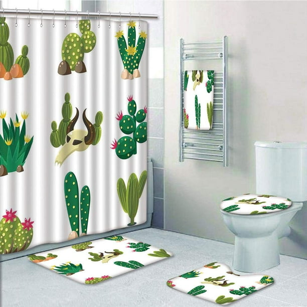 Cactus Flower Art Bath Mat Toilet Cover Rug Shower Curtain Bathroom Decor